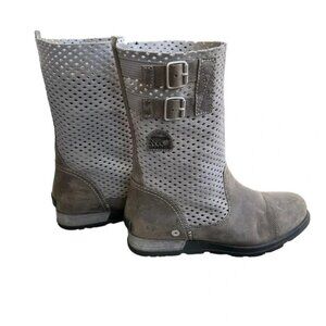 Sorel Major Buckle Leather Perforated Pull On Boots Gray Brown